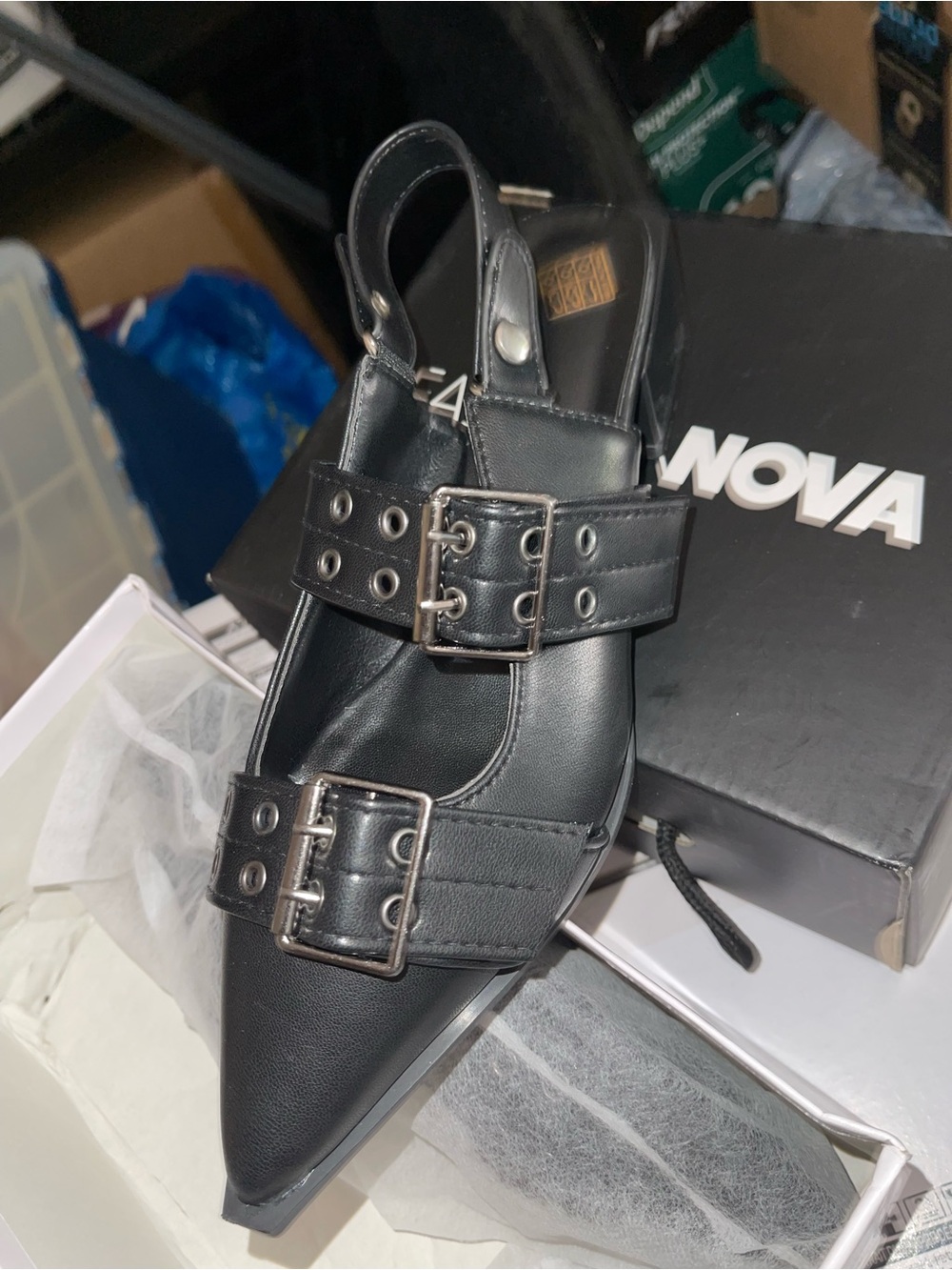 Nova Black Pointed Buckle Slingback Flats